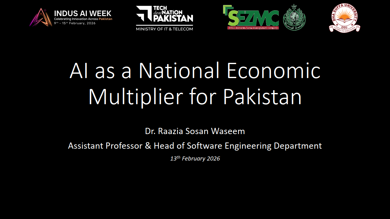 Read more about the article Strengthening institutional capacity through knowledge-driven engagement, SEZMC organized a focused training session on “AI as a National Economic Multiplier for Pakistan.” The session, led by Dr. Raazia Sosan Waseem, Assistant Professor & Head of the Software Engineering Department at DHA Suffa University, provided strategic insights into the role of Artificial Intelligence in enhancing industrial productivity, economic planning, governance efficiency, and sectoral growth.